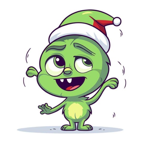 Cute cartoon green monster in christmas hat. Vector illustration