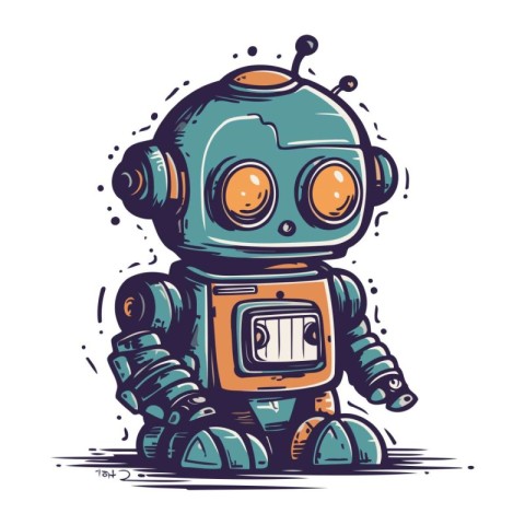 Retro robot hand drawn vector illustration. Isolated on white ba