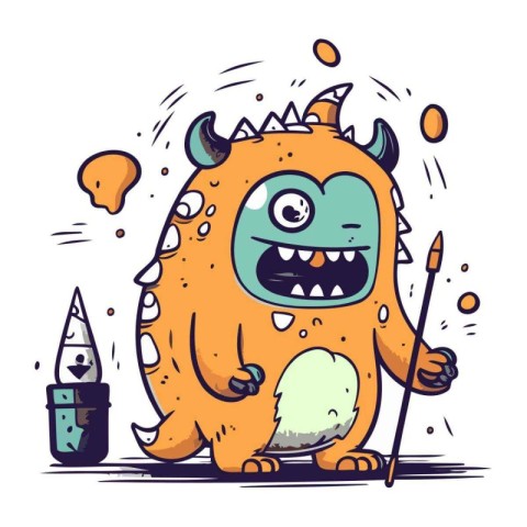 Funny cartoon monster with a brush and a palette. Vector illustr