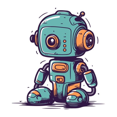 Cute cartoon robot. Hand drawn vector illustration isolated on w