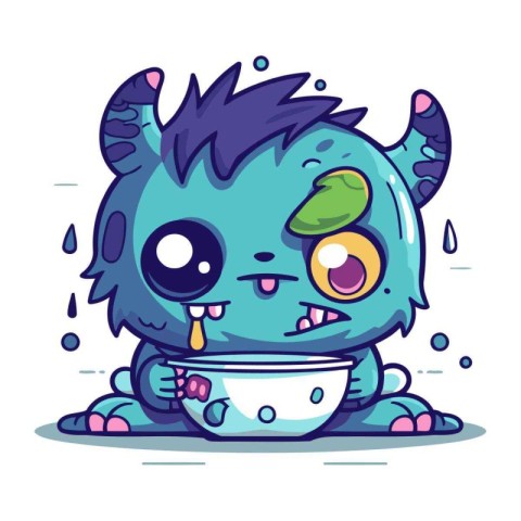 Cute cartoon monster with a bowl of soup. Vector illustration.