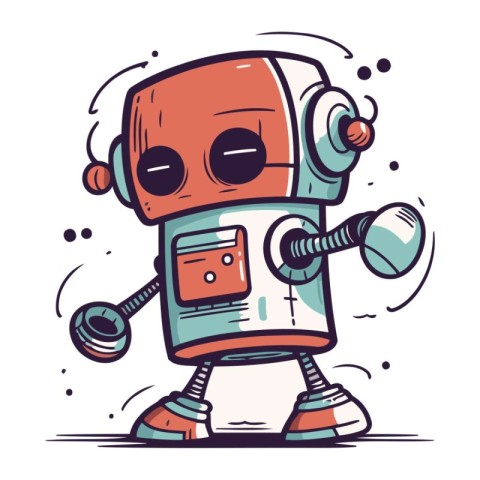 Cartoon robot with dumbbells. Vector illustration of cute robot.