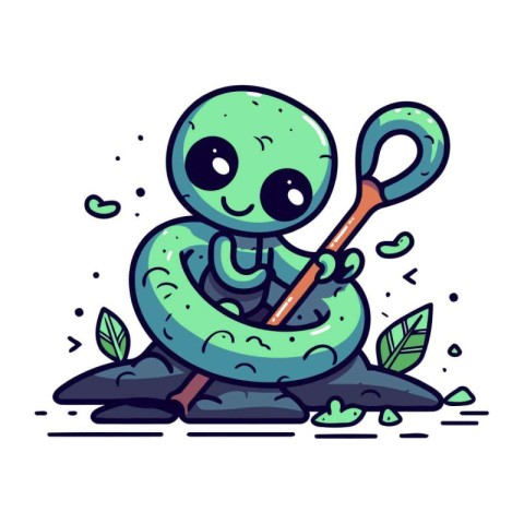 Cute cartoon monster with a shovel. Vector illustration isolated