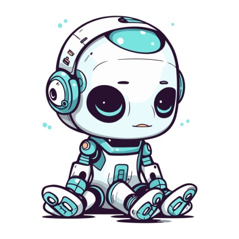 Cute little robot with headphones. Vector illustration on white