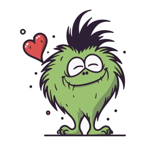 Funny cartoon monster with a heart in his mouth. Vector illustra