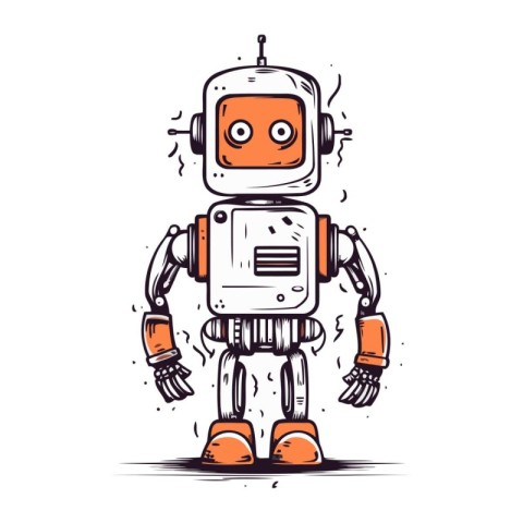 Retro robot hand drawn vector illustration. Isolated on white ba