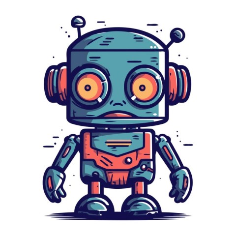 Cute robot with headphones. Vector illustration. Isolated on whi