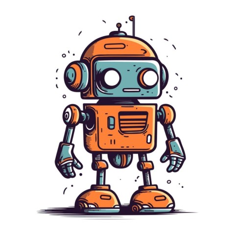 Cartoon robot. Hand drawn vector illustration. Isolated on white