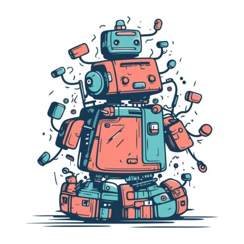 Vector illustration of a robot with luggage on white background.