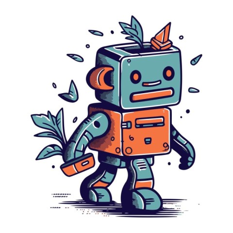 Robot with leaves. Vector illustration on white background. Isol