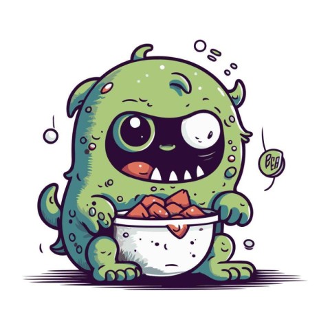 Cute cartoon monster with a bowl of food. Vector illustration.