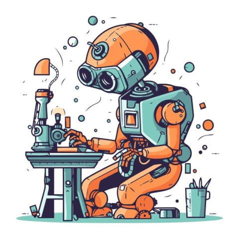 Vector illustration of a robot sitting at the table and working