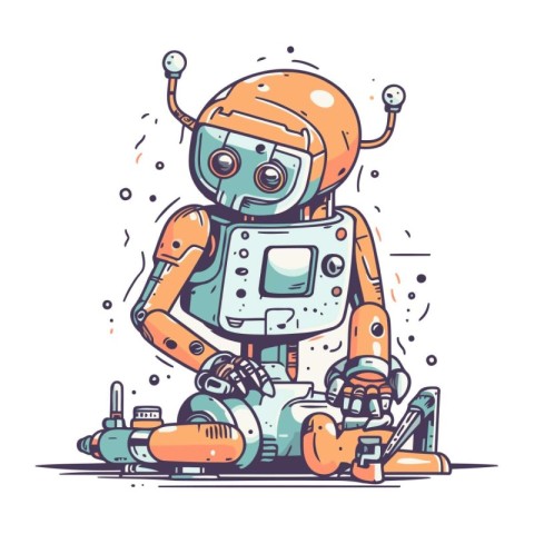 Cute cartoon robot with tools. Vector illustration of a robot.