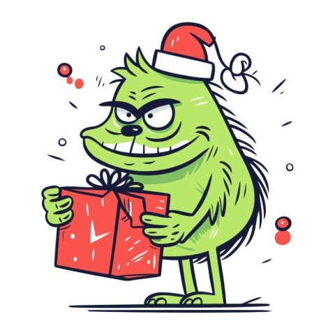 Funny monster in Santa hat with gift box. Vector illustration.