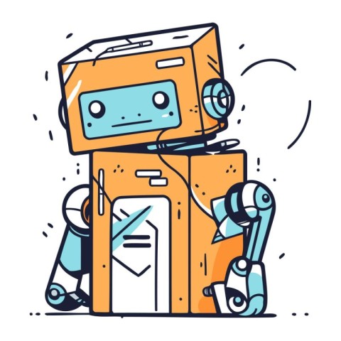 Vector illustration of robot with box. Line art design for web.