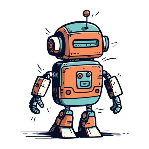 Retro robot hand drawn vector illustration. Cute cartoon robot.