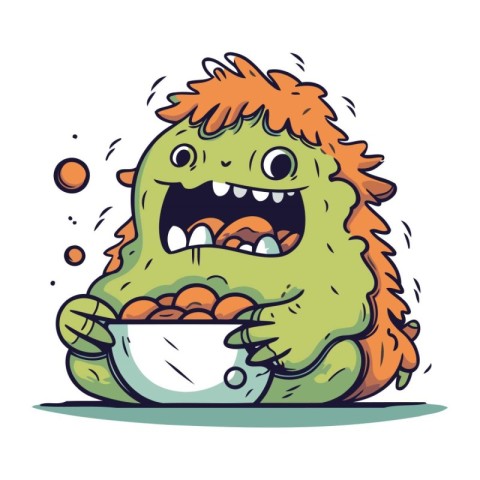 Cartoon monster with a bowl full of food. Vector illustration.