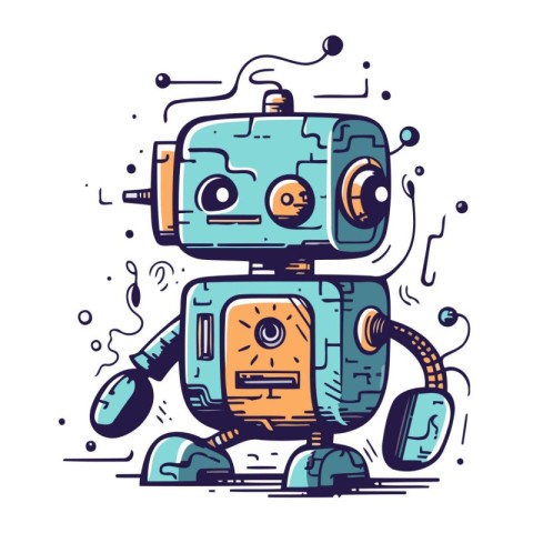 Cute retro robot. Vector illustration in doodle style.