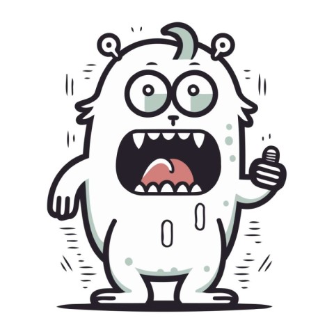 Funny cartoon monster with thumbs up. Vector illustration on whi