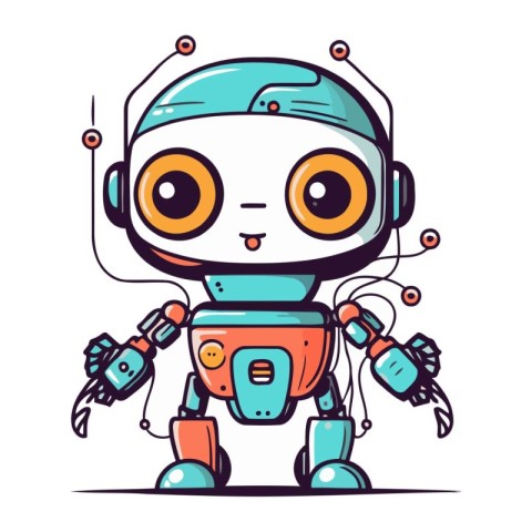 Cute cartoon robot with wires. Vector illustration isolated on w