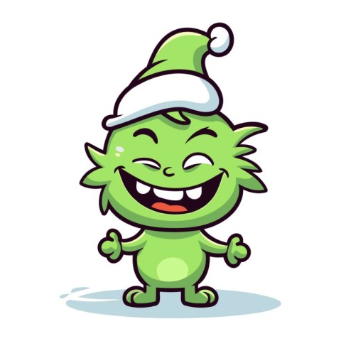 Funny green monster in christmas hat. Cartoon vector illustratio