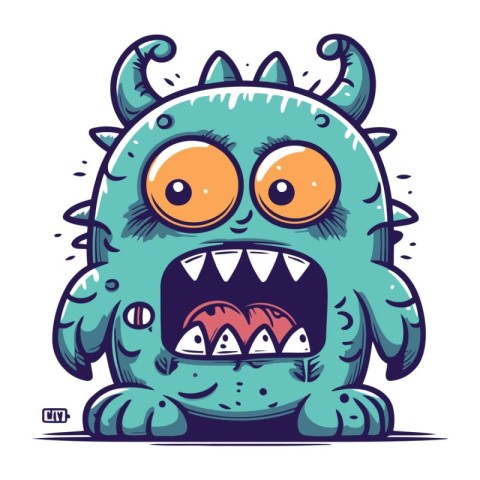 Funny cartoon monster with big eyes and teeth. Vector illustrati