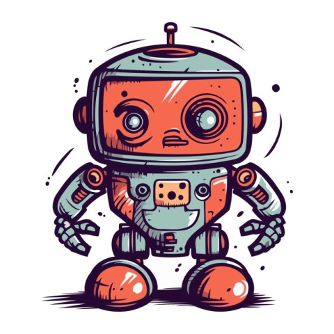 Cute robot cartoon vector illustration. Hand drawn robot vector