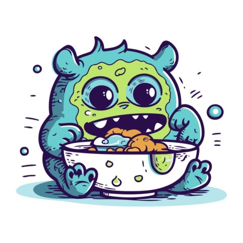 Cute cartoon monster eating a bowl of food. Vector illustration.