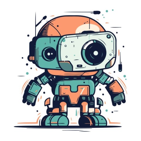 Vector illustration of cute robot on white background. Line art