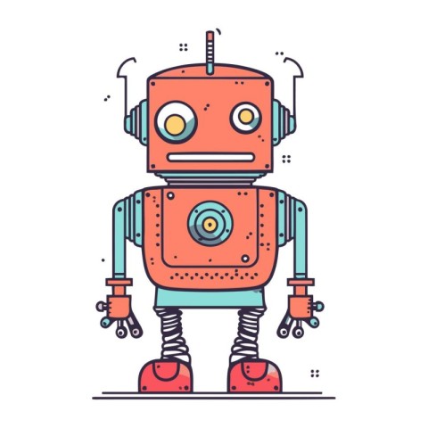 Robot line art vector illustration. Cute cartoon robot flat desi