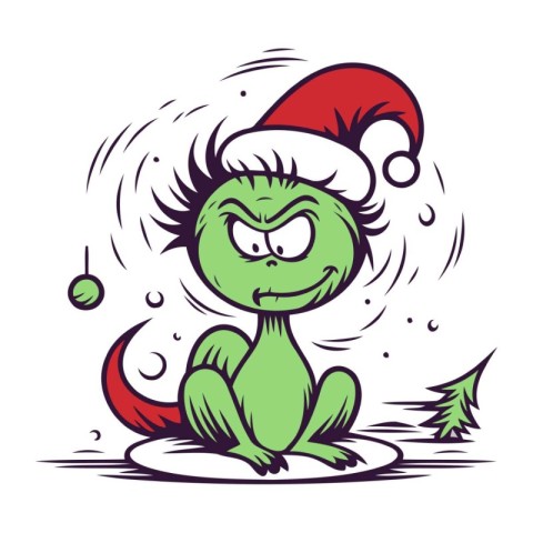 Funny cartoon monster in a christmas hat. Vector illustration.