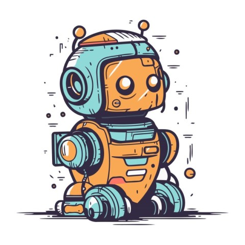 Cute cartoon robot. Hand drawn vector illustration. Doodle style