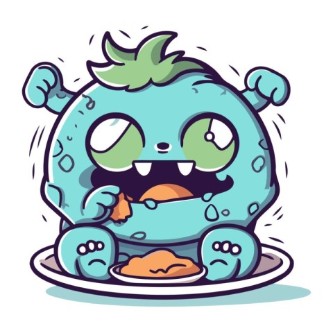 Cute cartoon monster with a plate of food. Vector illustration.