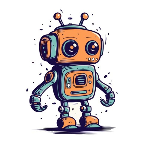 Cute cartoon robot. Hand drawn vector illustration. Doodle style