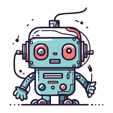 Cute cartoon robot character. Vector illustration in line art st