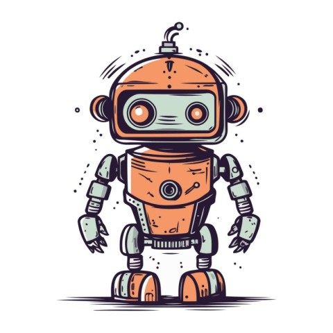 Retro robot cartoon vector illustration. Hand drawn retro robot