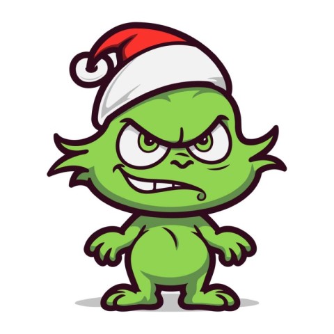 Funny cartoon monster character in Santas hat. Vector illustrati