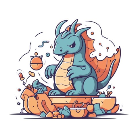 Vector illustration of a cute cartoon dragon sitting on a pedest