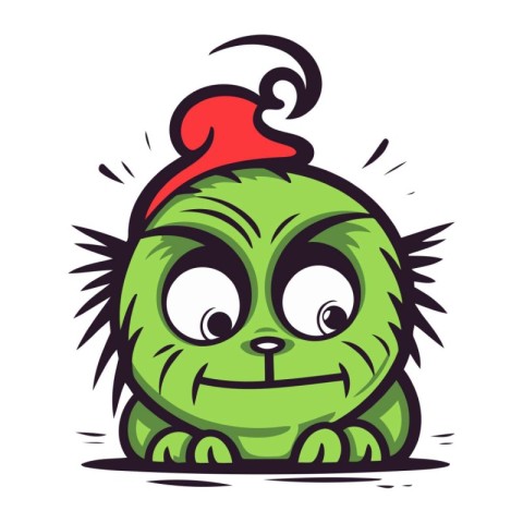 Funny green monster in christmas hat. Cartoon vector illustratio