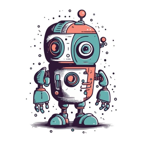 Retro robot. Hand drawn vector illustration. Isolated on white b