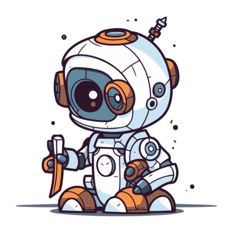 Cute cartoon robot with a sword and shield. Vector illustration.