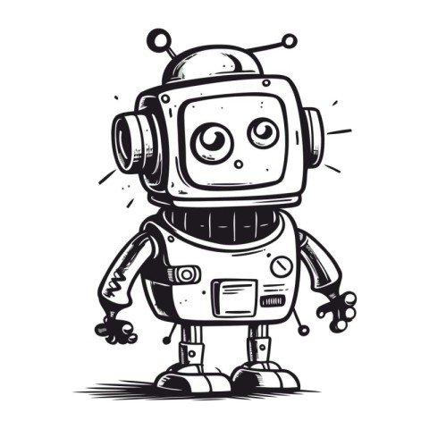 Retro robot isolated on white background. Hand drawn vector illu