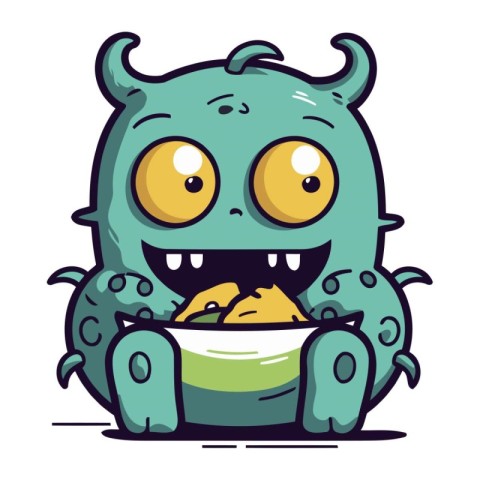 Cute cartoon monster eating a bowl of food. Vector illustration.