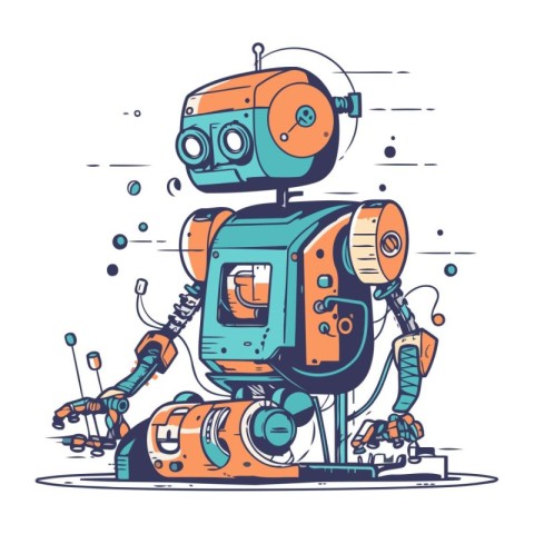 Vector illustration of cartoon robot on white background. Line a