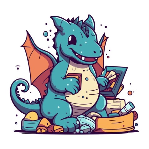 Vector illustration of a cute dinosaur with a bag full of food.