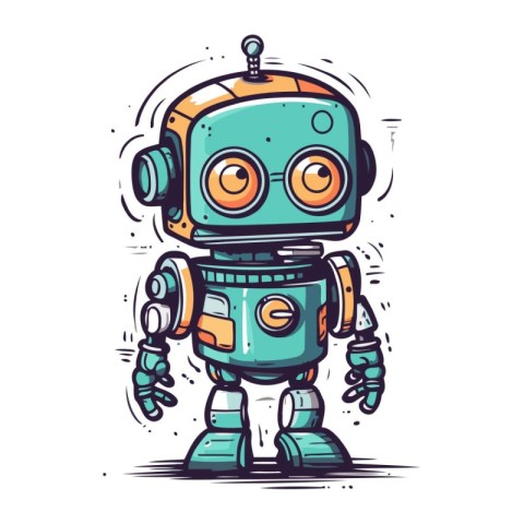 Cute cartoon robot. Hand drawn vector illustration for your desi