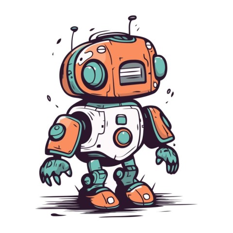 Cute cartoon robot. Hand drawn vector illustration. Isolated on