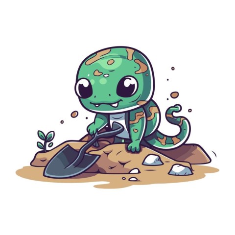 Cute cartoon green lizard with shovel. Vector illustration isola