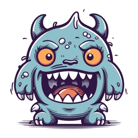 Funny cartoon monster with horns and big eyes. Vector illustrati