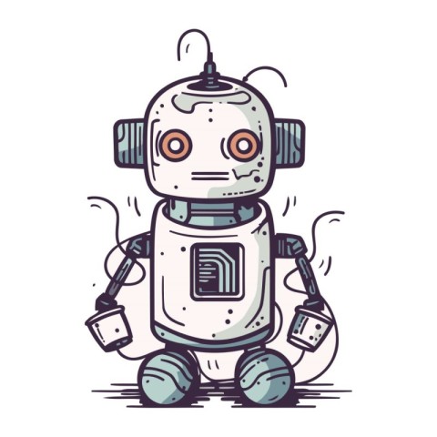 Cute cartoon robot with electric plug. Hand drawn vector illustr